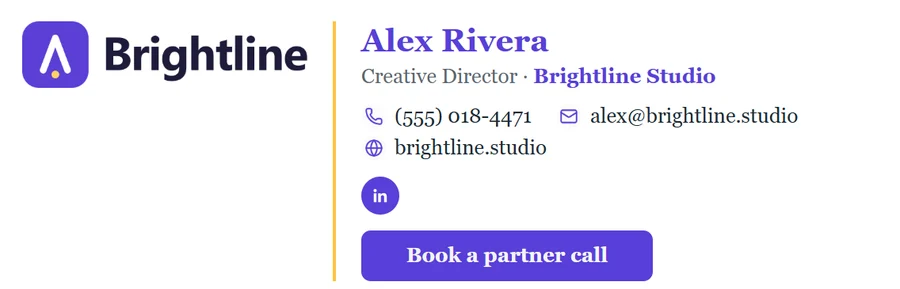 The same layout rebuilt for Alex Rivera at Brightline Studio: the Brightline logo on the left, a gold divider, the name in violet, the company name in bold, contact details with icons and a Book a partner call button.